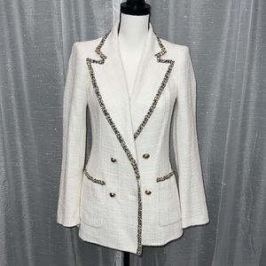 Zara White Tweed Yellow & Black Trim Double Breasted Blazer